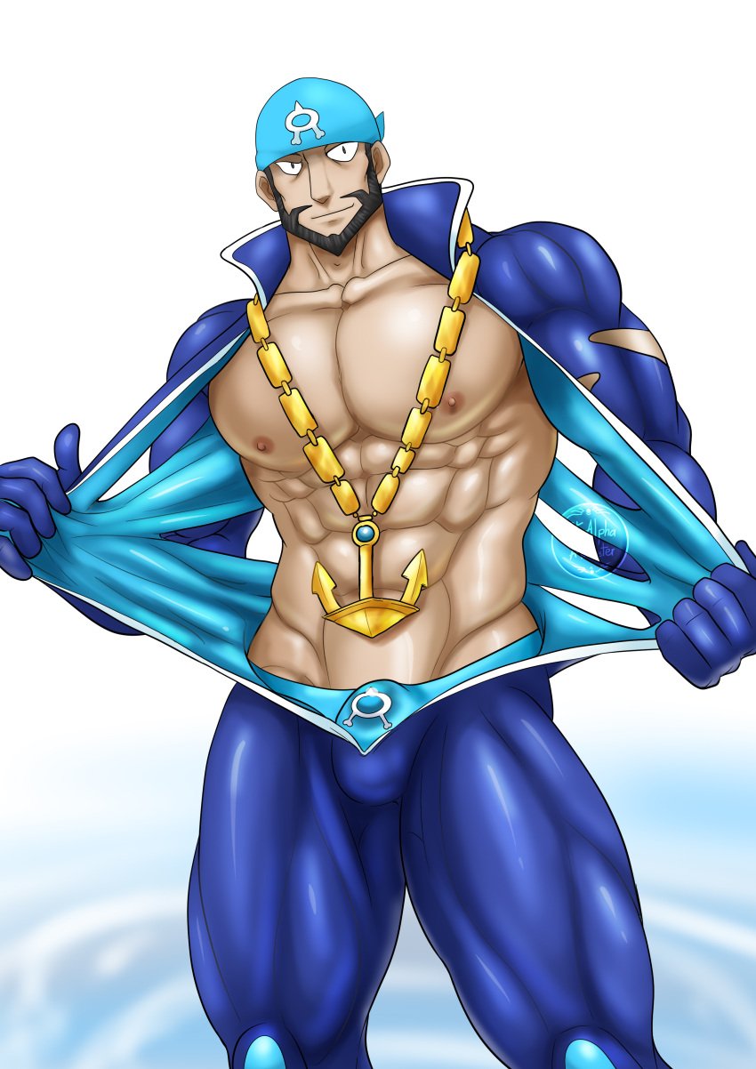 alabuster archie_(pokemon) balls bara beard bodysuit bulge facial_hair flaccid headkerchief male male_only muscles muscular nintendo penis pokemon solo solo_male team_aqua