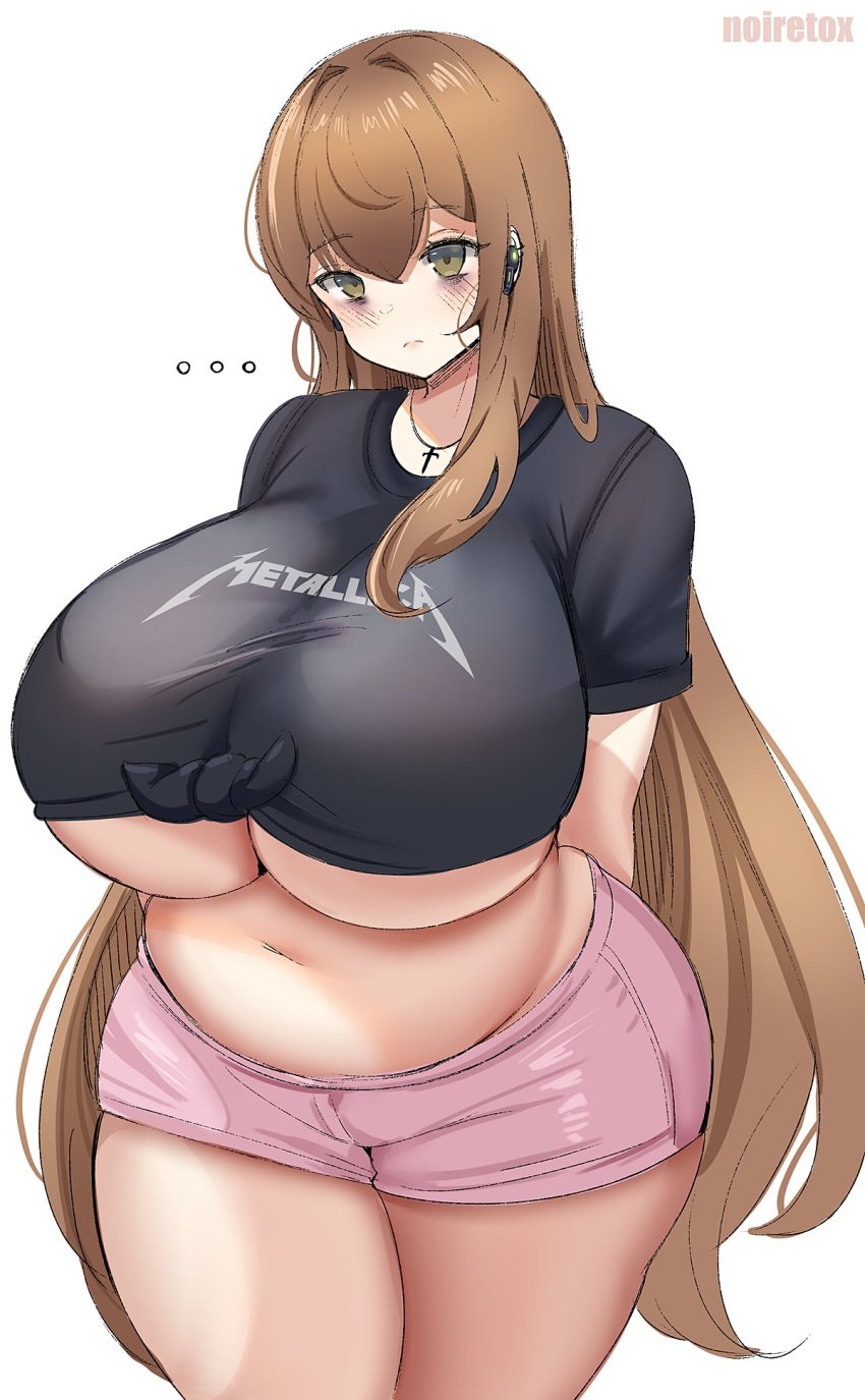 1girls breasts brown_hair chubby chubby_female eye_bags female female_only hi_res large_breasts metallica neet_girl_(noiretox) noiretox original original_character short_shorts shorts solo thick_thighs thighs underboob white_background wide_hips