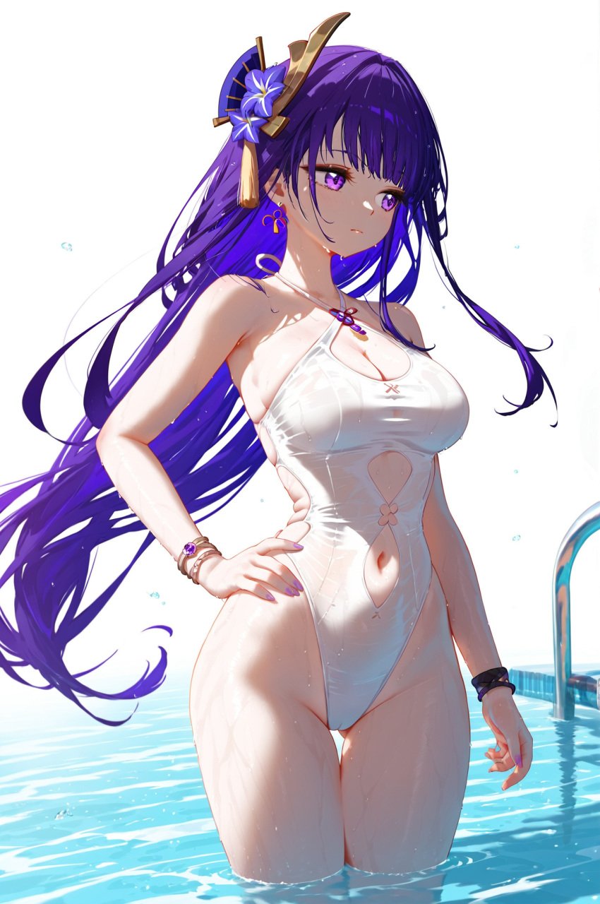 absurd_res ai_generated ass_visible_through_thighs bangs bare_shoulders breasts casual_one-piece_swimsuit cleavage closed_mouth clothing_cutout collarbone cowboy_shot female genshin_impact groin halterneck hand_on_hip highleg highleg_swimsuit large_breasts looking_away looking_to_the_side ministro mole mole_under_eye navel navel_cutout necklace one-piece_swimsuit ponytail raiden_shogun solo swimsuit thigh_gap thighs wading water wet