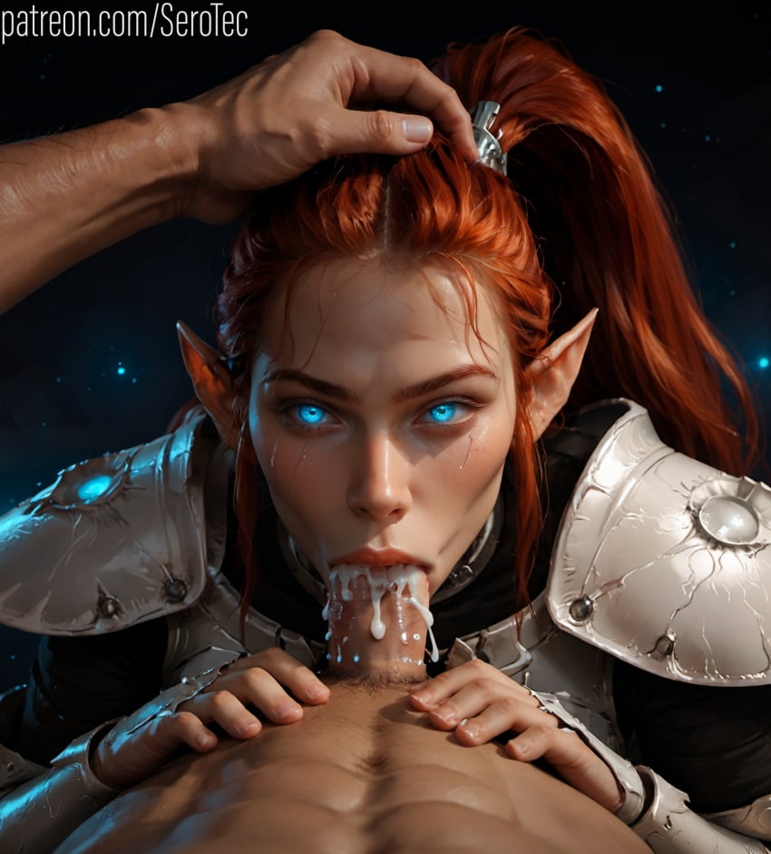 1boy 1female 1girls 2d aeldari ai_generated armor armored_female big_breasts blowjob blue_eyes cum_in_mouth cum_inside deep_blowjob deepthroat detailed_female eldar elf_ears eye_contact fellatio female ginger girl glowing_eyes head_grab hi_res high_resolution highres holding_head howling_banshee oral oral_sex orange_hair petite pointy_ears pony_diffusion_xltasy ponytail pov pulling_out pushing_head_down red_hair redhead serotec slim warhammer_(franchise) warhammer_40k