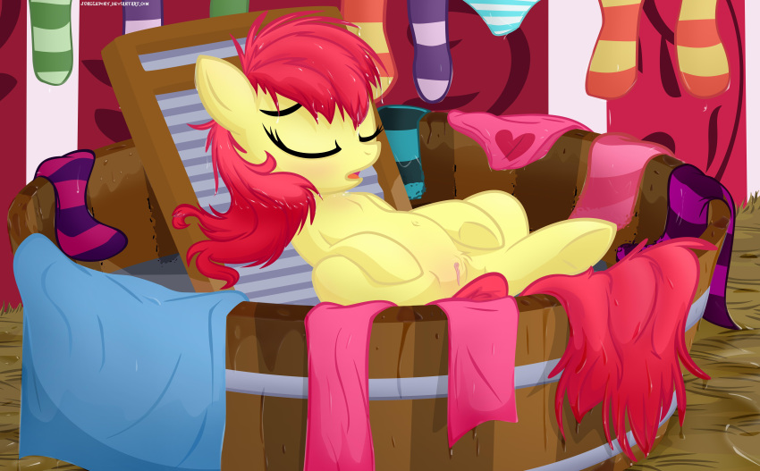 absurd_res apple_bloom_(mlp) bath blush clothing cub equid equine eyelashes eyes_closed female feral footwear friendship_is_magic furry genitals hair hasbro hi_res horse junglepony legwear mammal my_little_pony panties pony pussy red_hair socks solo third-party_edit underwear water wet yellow_body young younger_female