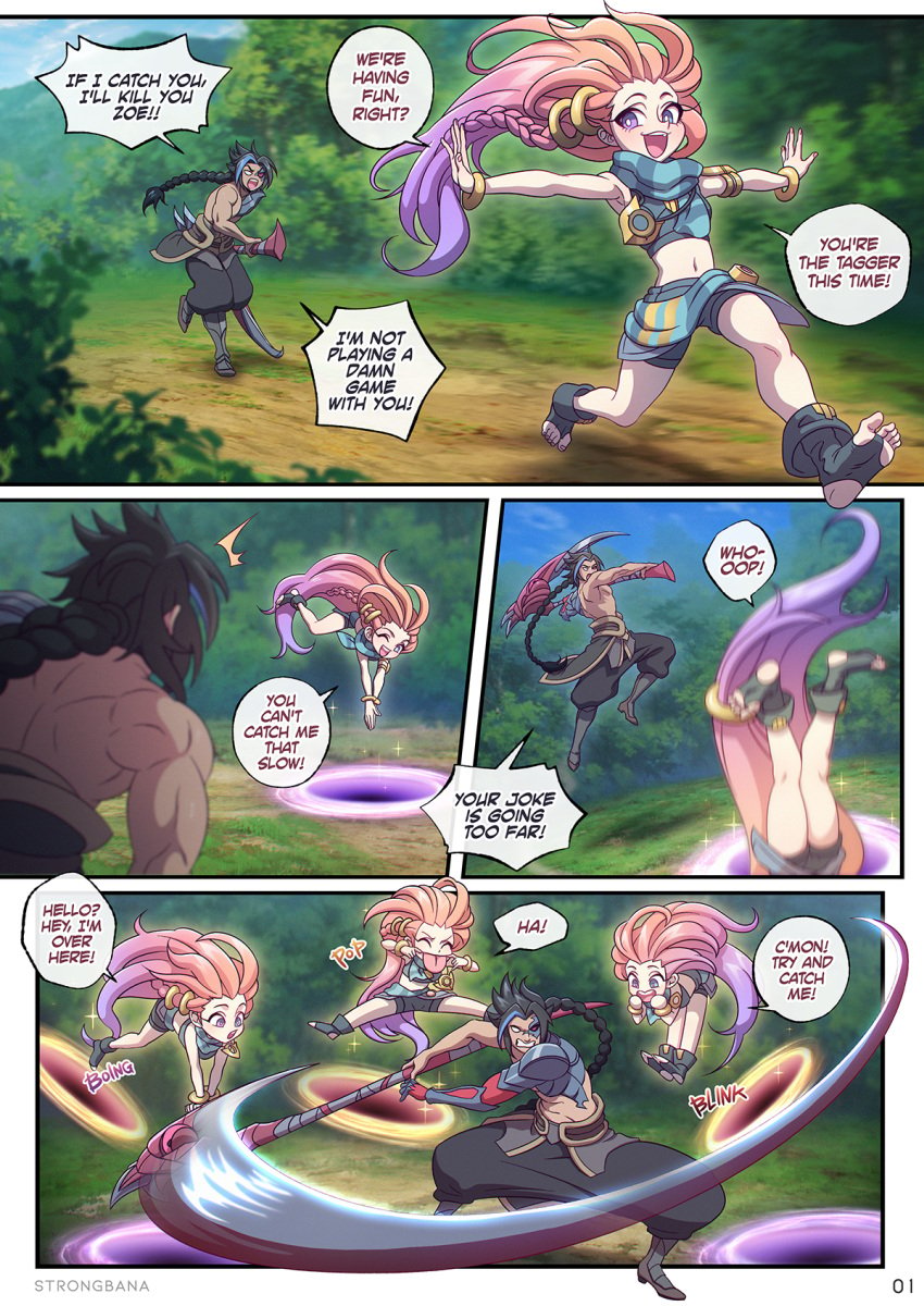 comic comic_page comic_panel kayn league_of_legends page_1 riot_games strongbana tagme zoe_(league_of_legends)