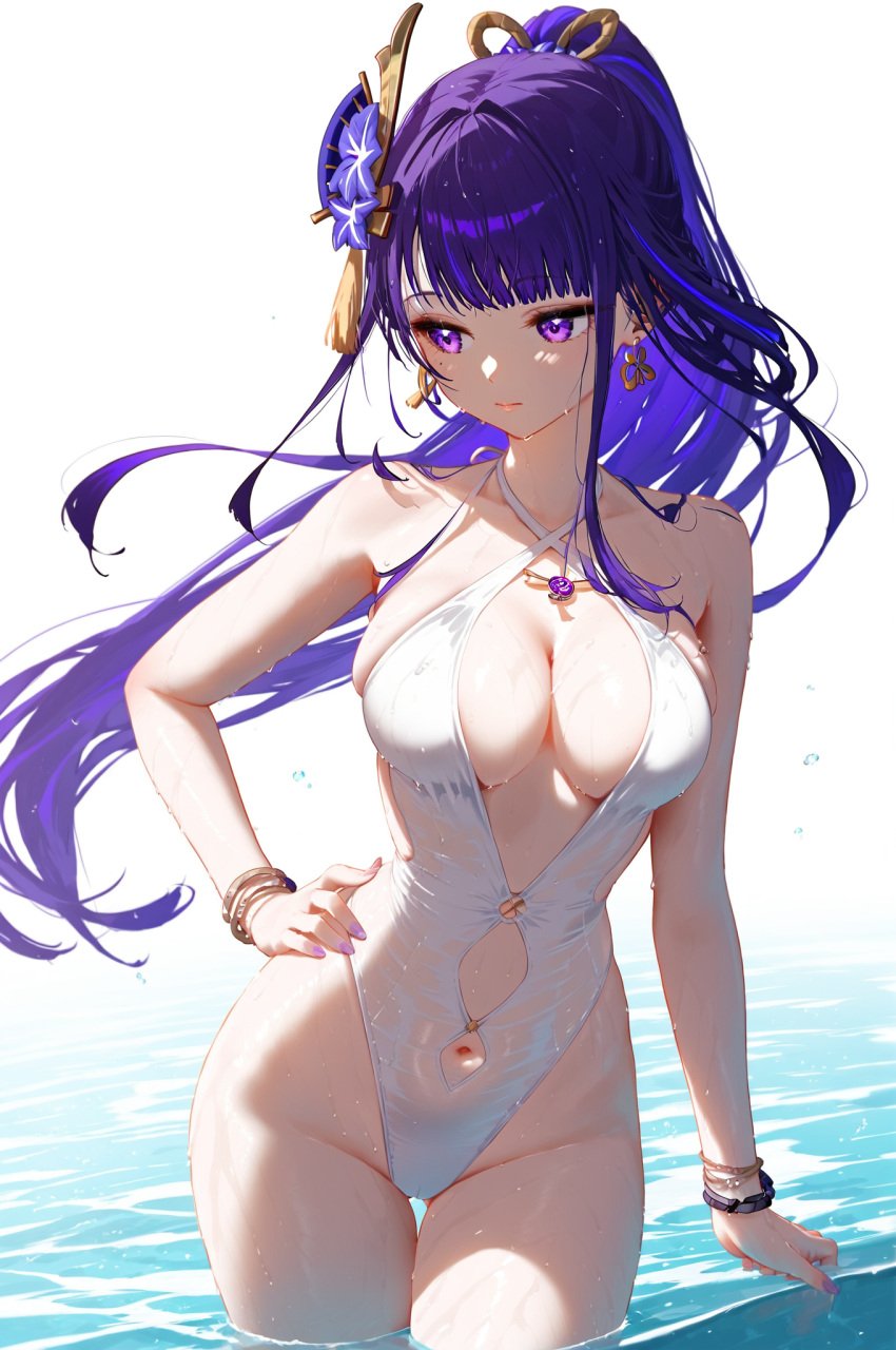 absurd_res ai_generated ass_visible_through_thighs bangs bare_shoulders breasts casual_one-piece_swimsuit cleavage closed_mouth clothing_cutout collarbone cowboy_shot female genshin_impact groin halterneck hand_on_hip highleg highleg_swimsuit large_breasts looking_away looking_to_the_side ministro mole mole_under_eye navel navel_cutout necklace one-piece_swimsuit ponytail raiden_shogun solo swimsuit thigh_gap thighs wading water wet