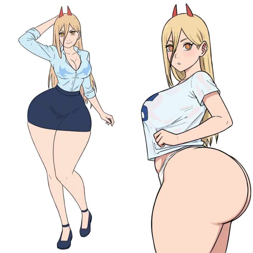 ai_generated big_ass bubble_butt chainsaw_man close-up formal_clothes full_body hi_res multiple_views power_(chainsaw_man) t-shirt_only thick_thighs