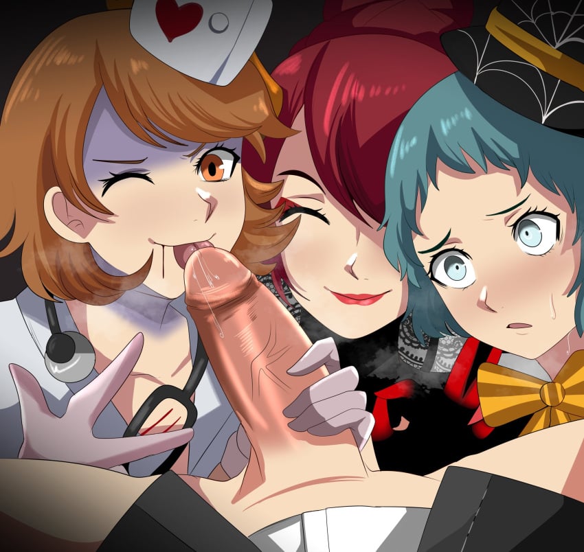 1boy 3girls blue_eyes blue_hair closed_eyes female fuuka_yamagishi hair_over_one_eye halloween halloween_costume hi_res karbuitt licking licking_penis looking_at_viewer makoto_yuki male male_pov mitsuru_kirijo oral orange_eyes orange_hair penis persona persona_3 pov pov_eye_contact red_hair red_lipstick smiling smiling_at_viewer wink winking_at_viewer yamagishi_fuuka yukari_takeba