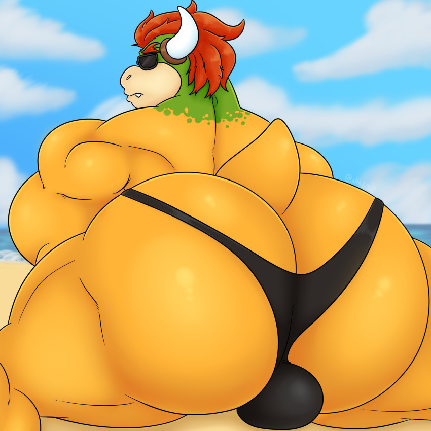 1:1 anthro ass ass_focus beach big_butt black_clothing black_thong black_underwear bowser bulge clothing eyewear gay hair hi_res horn huge_butt koopa male mario_(series) nintendo nt6969 orange_body red_hair scalie seaside solo sunglasses super_mario_bros. thong underwear