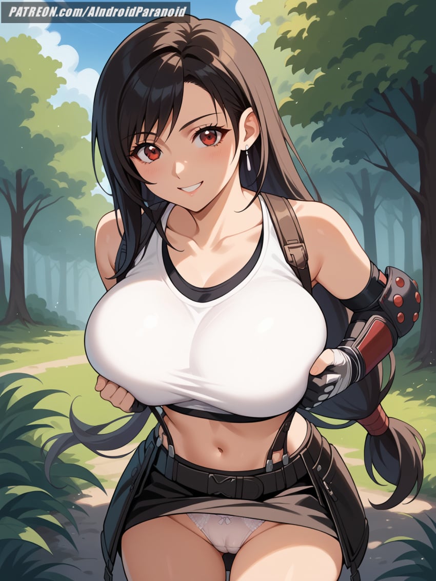 ai_generated aindroidparanoid big_breasts black_hair cameltoe curvy female female_only final_fantasy final_fantasy_vii_remake flashing_panties flirting forest gigantic_breasts huge_breasts large_breasts massive_breasts midriff narrow_waist navel open_mouth outdoors panties red_eyes skirt slim_waist squeezing_breast stable_diffusion straight_hair tank_top tifa_lockhart touching_breast voluptuous