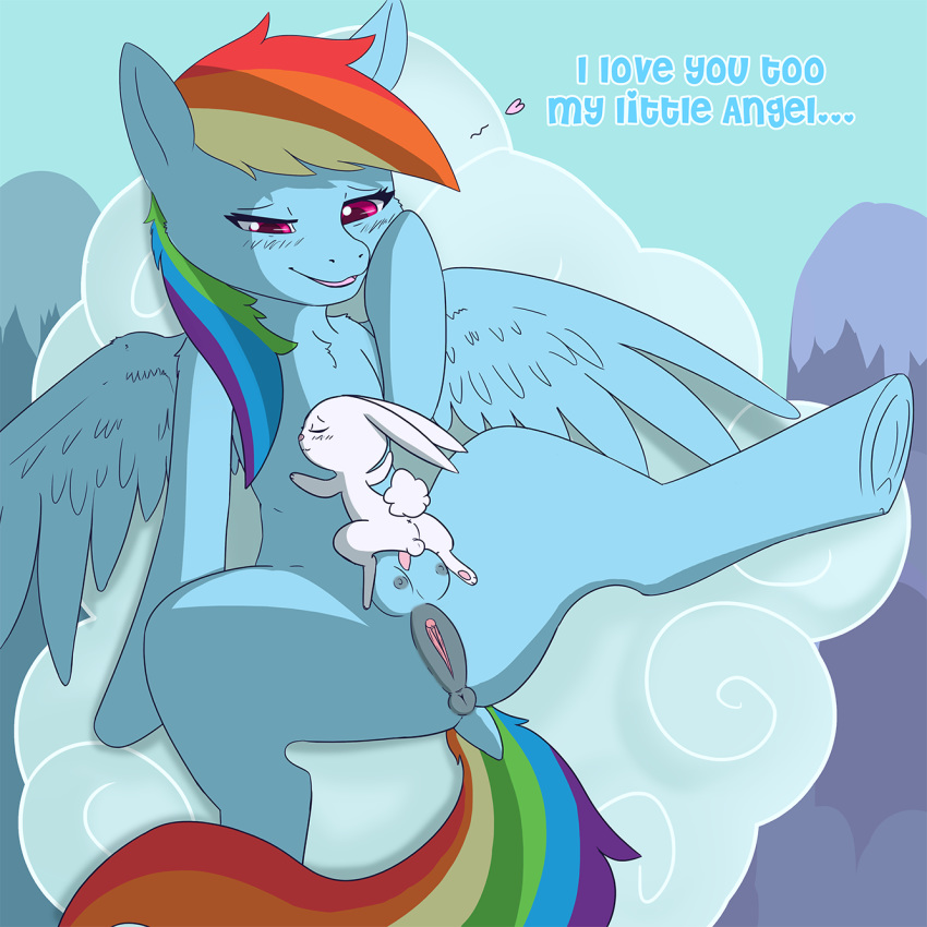 angel angel_(mlp) anus balls crotchboob_paizuri crotchboobs equine female feral friendship_is_magic horse hug lagomorph male mammal my_little_pony penis pony puffy_anus pussy rabbit rainbow_dash_(mlp) soubiglowheart straight