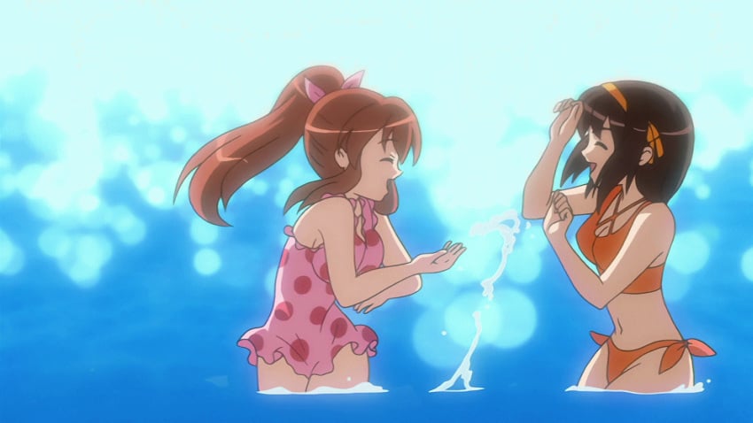 16:9_aspect_ratio 2girls animated asahina_mikuru bikini bounce bouncing_breasts bralette breasts brown_hair clothing criss-cross_halter extremely_large_filesize female halter_top halterneck high_resolution large_breasts large_filesize long_hair multiple_girls navel ocean orange_bikini orange_swimsuit pink_swimsuit playing polka_dot polka_dot_swimsuit ponytail ribbon screen_capture side-tie_bikini splashing suzumiya_haruhi suzumiya_haruhi_no_yuuutsu swimsuit tied_hair