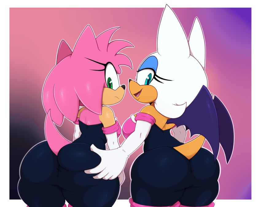 2girls alternate_version_available amy_rose amy_the_bat animal_ears animal_tail anthro armwear ass ass_focus bat bat_wings big_ass bigdon1992 bimbo blue_eyes blue_eyeshadow bodysuit breasts bubble_ass bubble_butt cosplay dat_ass dat_butt eyeshadow female female_only green_eyes half-closed_eyes hand_on_ass huge_ass large_ass looking_back mobian pink_hair pink_skin rouge_the_bat rouge_the_bat_(cosplay) sega smile sonic_(series) sonic_the_hedgehog_(series) tail thick_thighs thighs white_hair wings