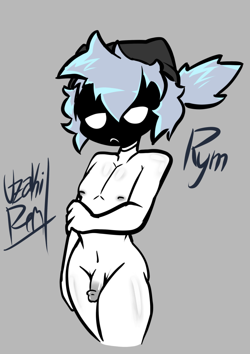 1boy 1femboy beanie black_head femboy flat_chest flat_chested gray_hair naked naked_femboy nude nude_femboy original_character pale_body pale_skin pigtail remnantuzaki rym_(remnantuzaki) simple_background simple_shading small_penis solo thin_waist watermark white_body