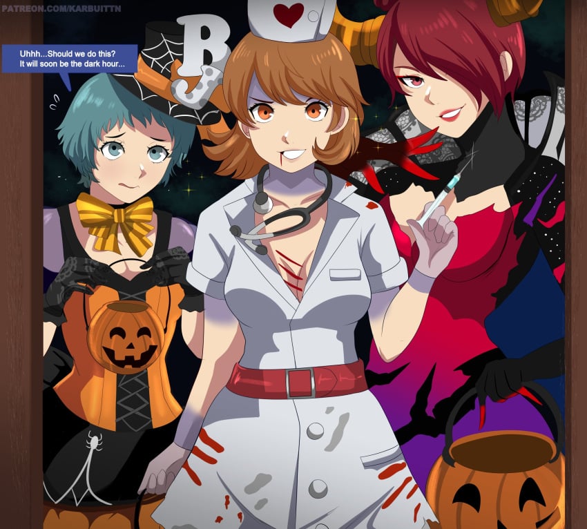 3girls blue_eyes blue_hair dialogue doorway english_text female fuuka_yamagishi hair_over_one_eye halloween halloween_costume hi_res jack-o&#039;-lantern karbuitt looking_at_viewer mitsuru_kirijo orange_eyes orange_hair persona persona_3 pumpkin_basket red_eyes red_hair red_lipstick smiling smiling_at_viewer speech_bubble yukari_takeba