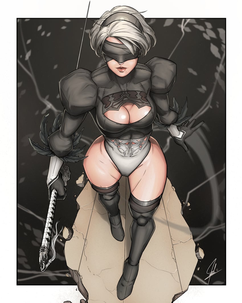 acezdib android android_girl blindfold boots large_breasts leotard nier nier:_automata weapon white_hair wide_hips yorha_2b