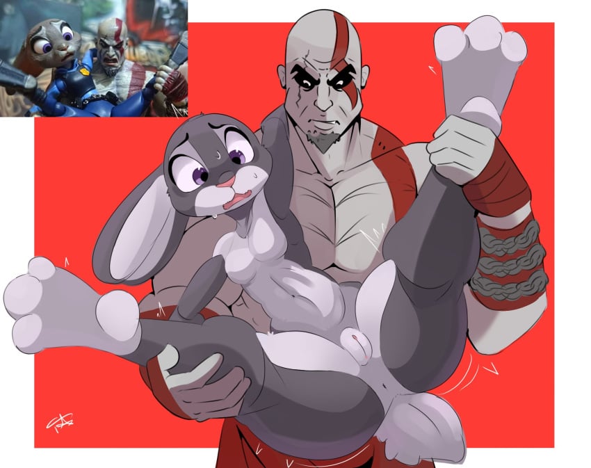 3_toes anthro anus bodily_fluids breasts chains crossover disney duo eye_scar facial_scar featureless_breasts feet female fr4annx fur genitals god_of_war grey_body grey_fur hi_res human judy_hopps kratos lagomorph leporid male male/female mammal nervous purple_eyes pussy rabbit scar scut_tail short_tail sony_corporation sony_interactive_entertainment spread_legs spreading sweat tail toes white_body zootopia