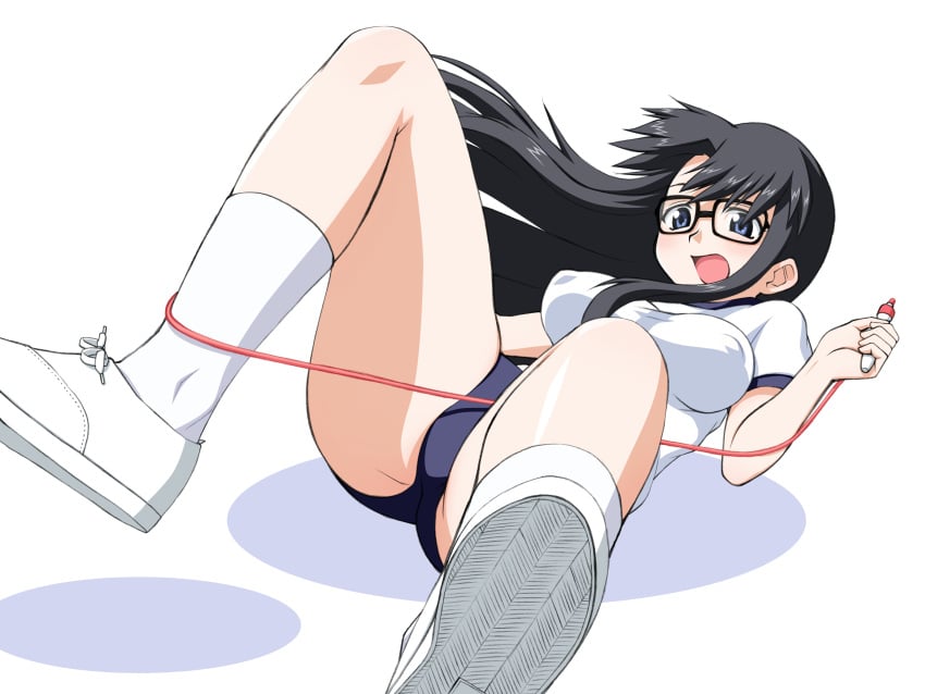 absurdres black_hair blue_eyes breasts buruma clumsy covered_nipples elf_k entangled female glasses gym_uniform highres jump_rope large_breasts long_hair open_mouth read_or_die resized socks solo third-party_edit upscaled yomiko_readman