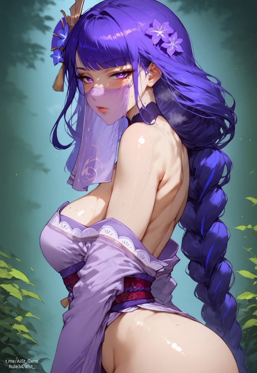 ai_generated aist_ bow genshin_impact looking_at_viewer mouth_mask mouth_veil purple_eyes purple_hair raiden_shogun shiny_skin veil violet_eyes violet_hair