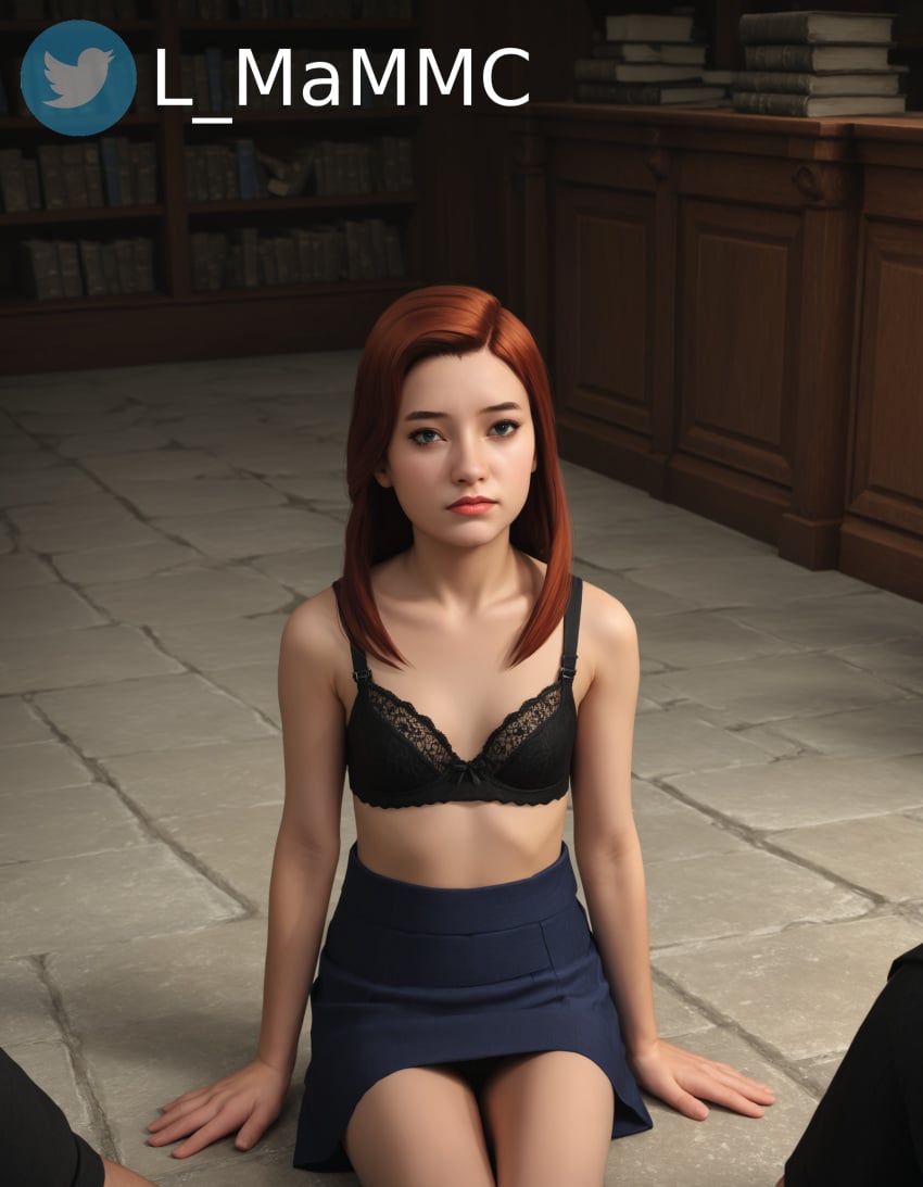 ai_generated black_bra dark_blue_skirt female harry_potter harry_potter:_hogwarts_mystery l_mammc natural_breasts pale_skin pony_diffusion_xl realistic_breast_size red_hair sat_down small_breasts teenage_girl teenager tulip_karasu