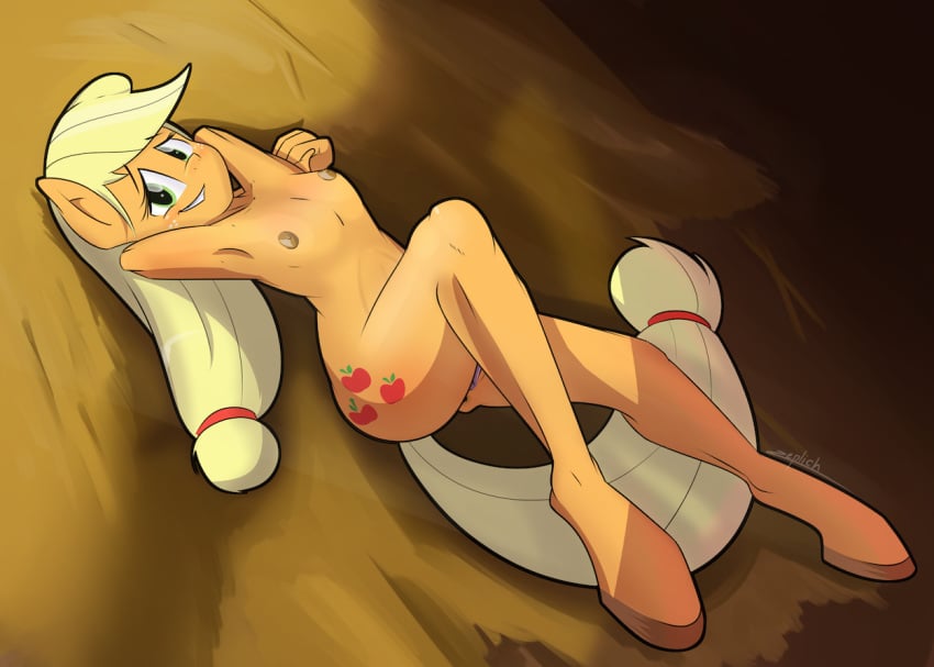 anus applejack_(mlp) breasts equine female hair_on_head hay horse mammal my_little_pony pony pussy smile solo zeplich