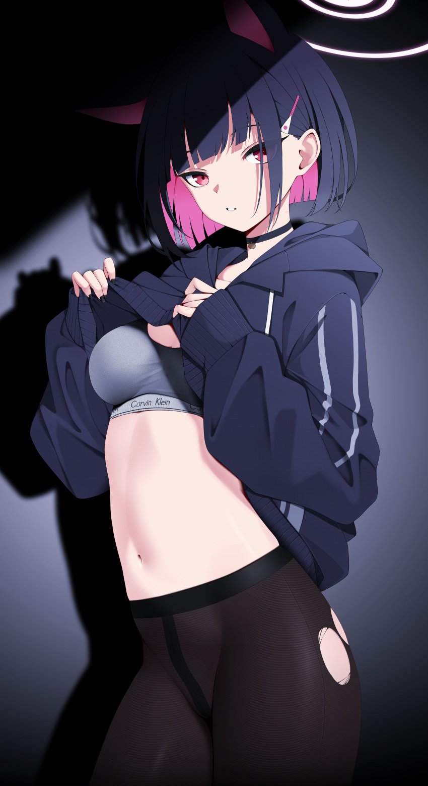 1girls animal_ears black_hair black_legwear black_nails black_panties blue_archive blush bob_cut bra breasts calvin_klein choker eyelashes female female_only grey_sports_bra halo highres hoodie hoodie_lift kazusa_(blue_archive) kemonomimi legwear lifting_clothing light-skinned_female light_skin looking_at_viewer multicolored_hair nail_polish navel pantyhose parted_lips pink_eyes pink_hair shadow short_hair solo sports_bra standing stomach topwear torn_legwear torn_pantyhose z.taiga