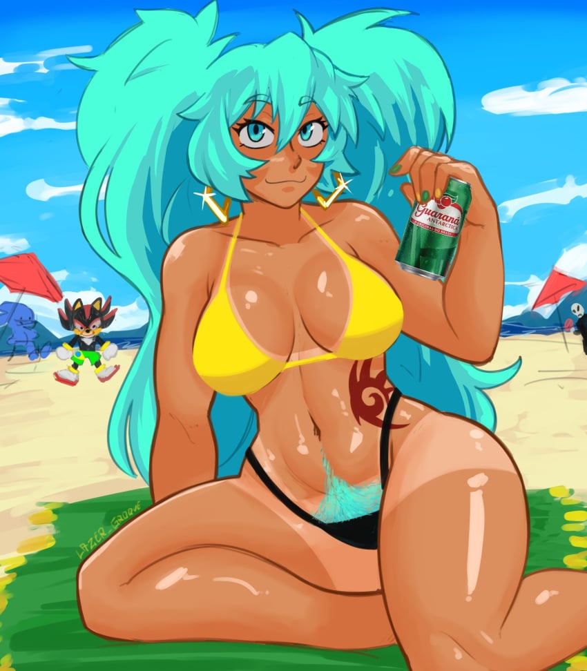 1girls 2024 beach bikini blue_eyes brazil brazilian brazilian_female brazilian_miku breasts cleavage cyan_eyes cyan_hair dark-skinned_female dark_skin drink dripping ear_piercing earrings excessive_pubic_hair female female_focus female_pubic_hair hatsune_miku highres i_just_love_latinas_sonic large_breasts latin_american_hatsune_miku_(meme) lazergroove long_hair looking_at_viewer parasol pubes pubic_hair pubic_hair_peek sand sea shadow_the_hedgehog shadow_the_hedgehog_tattoo solo_focus sonic_(series) tan_skin tanline tattoo thick_thighs twintails very_long_hair vocaloid