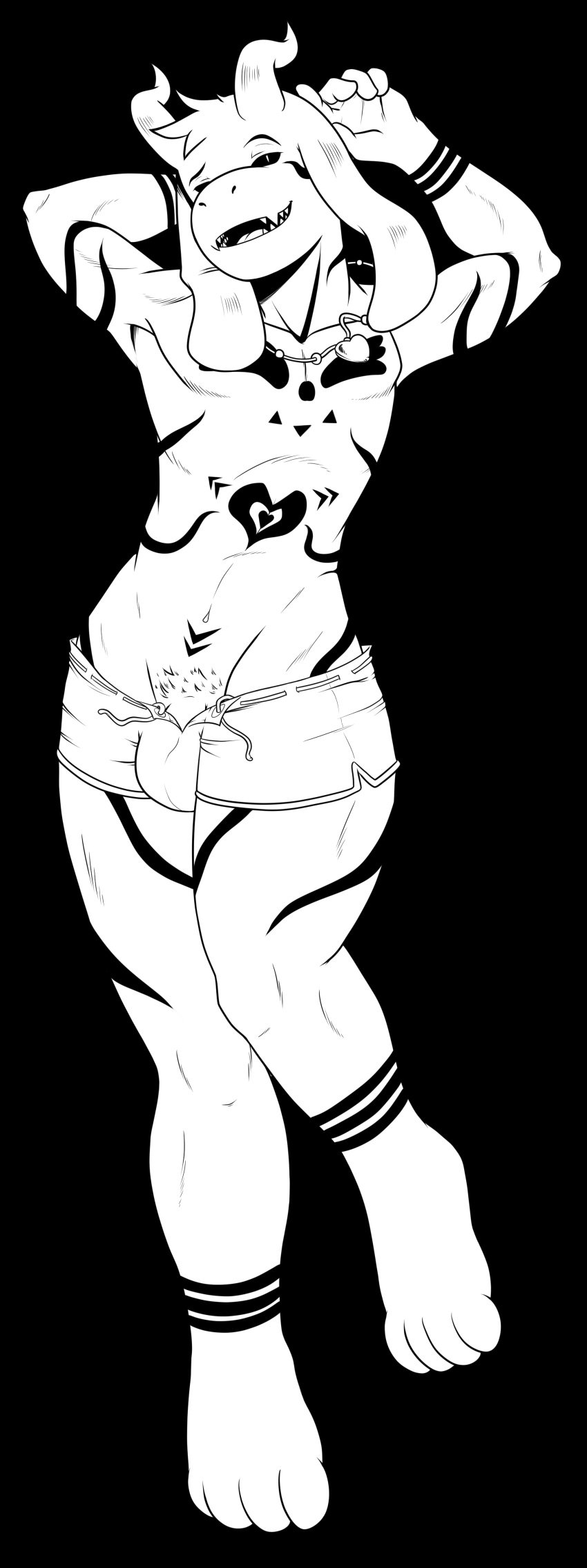 1boy 2015 2d 4_toes 5_fingers absurdres anthro anthro_male anthro_only asriel_dreemurr athletic black_and_white black_background black_eyes boss_monster boy_shorts bulge caprine flaccid furry furry_male furry_only goat god_of_hyperdeath hand_behind_back heart highres horn humanoid humanoid_male humanoid_only looking_at_viewer lying male male_only mammal mammal_humanoid markings monochrome navel nipples on_back open_mouth open_pants pendant penis penis_base pubic_hair seductive short simple_background slit_pupils smile solo subtle_penis themonstarmash toes topless undertale undertale_(series) underwear url