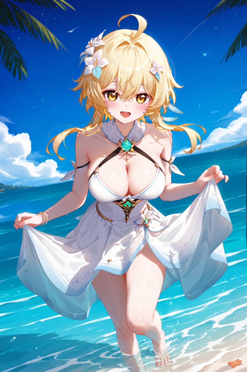 :d absurd_res ahoge ai_generated bangs bare_legs bare_shoulders barefoot beach bird blue_sky blush breasts cleavage cloud criss-cross_halter day dress dutch_angle female genshin_impact halter_dress halterneck horizon large_breasts leaf looking_at_viewer lumine_(genshin_impact) ministro ocean open_mouth outdoors sidelocks skirt_hold sky sleeveless sleevelessd_ress smile solo standing standing_on_one_leg teeth thighs upper_teeth_only wading water wet