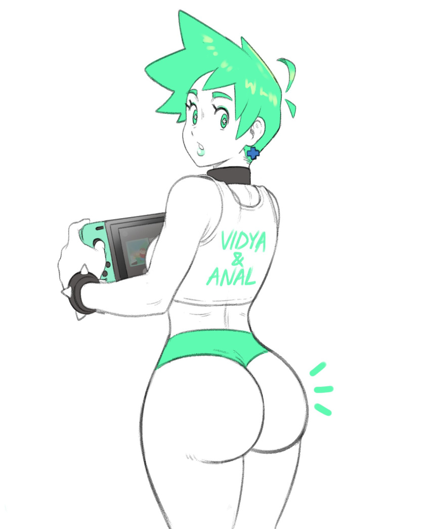 big_ass clothed female looking_at_viewer looking_back neon neon_green nintendo_switch submissive switch