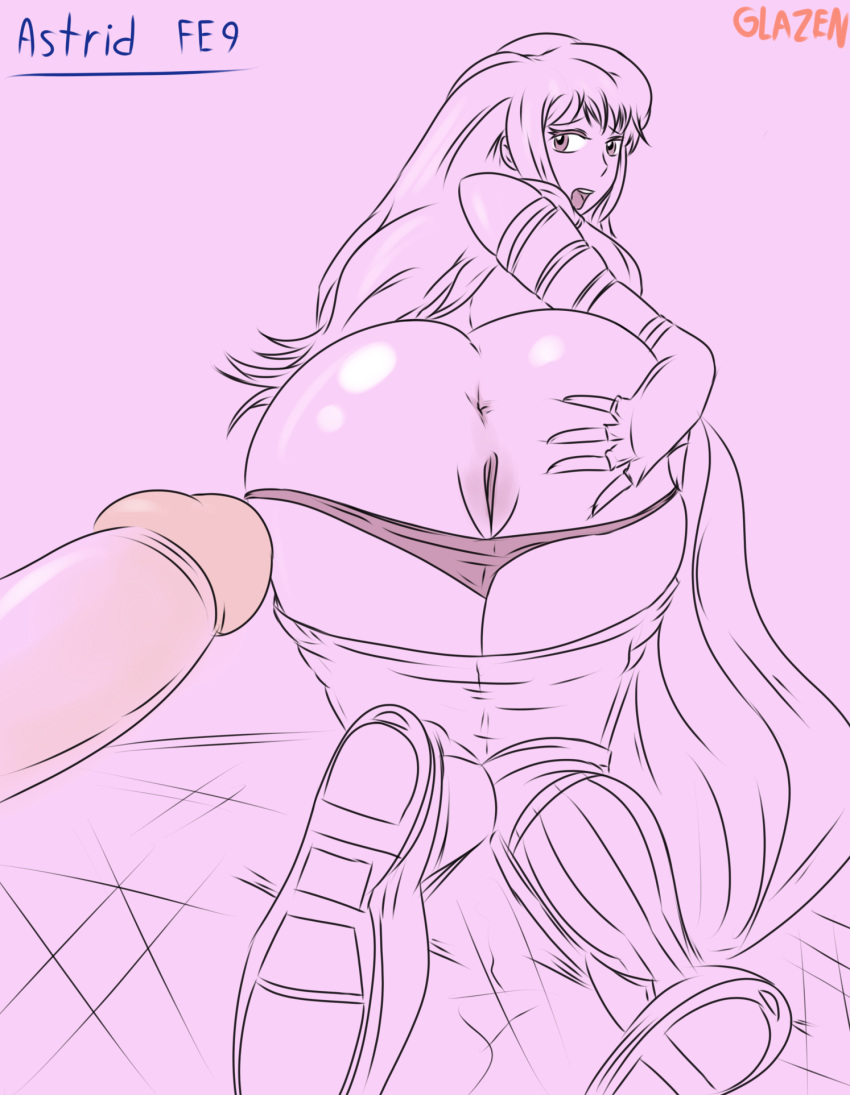 1boy 1girls anus ass astrid_(fire_emblem) clothes fingerless_gloves fire_emblem fire_emblem:_path_of_radiance fire_emblem:_radiant_dawn glazinbuns gloves long_hair looking_back open_mouth panties panties_down penis pussy sketch text underwear