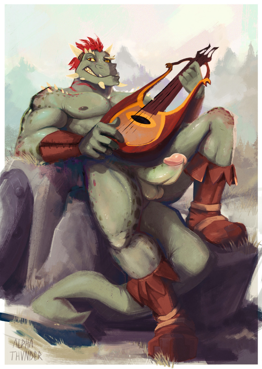 alpha_thunder anthro argonian armor balls biceps boots bracers clothing erection feathers footwear green_scales grin horn invalid_tag looking_at_viewer lute male male_only muscular outside pecs penis red_feathers scales scalie simple_background sitting skyrim smile solo spines stripes the_elder_scrolls video_games