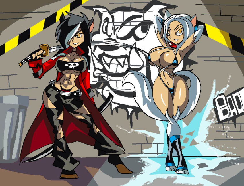 2girls abs animal_ears anthro arms_behind_head arms_up bare_shoulders belt big_breasts bikini bikini_bottom bikini_top black_hair busty catgirl cleavage coat collar contrapposto curvy detailed_background duo elbow_gloves facing_viewer female female_only fluffy_tail footwear front_view full_body furry g-string gloves graffiti hair_over_one_eye hand_behind_head hands_behind_head high_heels holding_object hourglass_figure humanoid katana legwear long_hair looking_at_viewer mammal manic47 midriff multiple_females multiple_girls muscle muscular muscular_female open_coat original_character outdoor outdoors outside panties pose posing red_panties revealing_clothes running_bond shadow shiny shiny_skin skimpy sling_bikini standing stockings swimsuit sword tail tearing_clothes thong torn_clothes trash_can trenchcoat tube_top tubetop underboob underwear voluptuous wall weapon white_footwear white_gloves white_hair white_legwear white_stockings wide_hips yellow_eyes