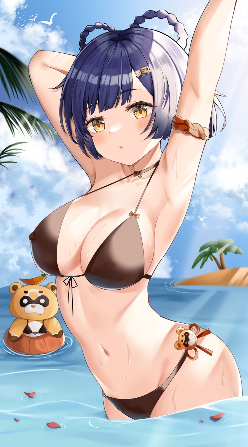 1girls 2d 2d_(artwork) alternate_breast_size alternate_costume arms_up artist_request belly_button big_breasts bikini bikini_bottom bikini_top blue_hair bra clouds day female female_focus front_view genshin_impact guoba_(genshin_impact) high_resolution highres hourglass_figure in_water light-skinned_female light_skin looking_at_viewer navel ocean palm_tree sexy short_hair sky slim_girl solo solo_female solo_focus standing standing_in_water summer swimsuit thong thong_bikini two_piece_swimsuit water wet wet_body xiangling_(genshin_impact) yellow_eyes young younger_female