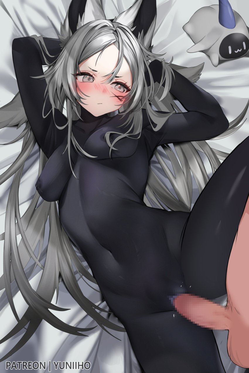 1boy animal_ear_fluff animal_ears arms_up bangs bed_sheet black_hair blush bodysuit breasts censored closed_mouth clothed_sex covered_navel covered_nipples dya_rikku_(vtuber) female grey_eyes heart long_hair looking_at_viewer lying medium_breasts mosaic_censoring navel nose_blush on_back penis pussy sex silver_hair skin_tight solo_focus spread_legs straight vaginal_penetration vyugen