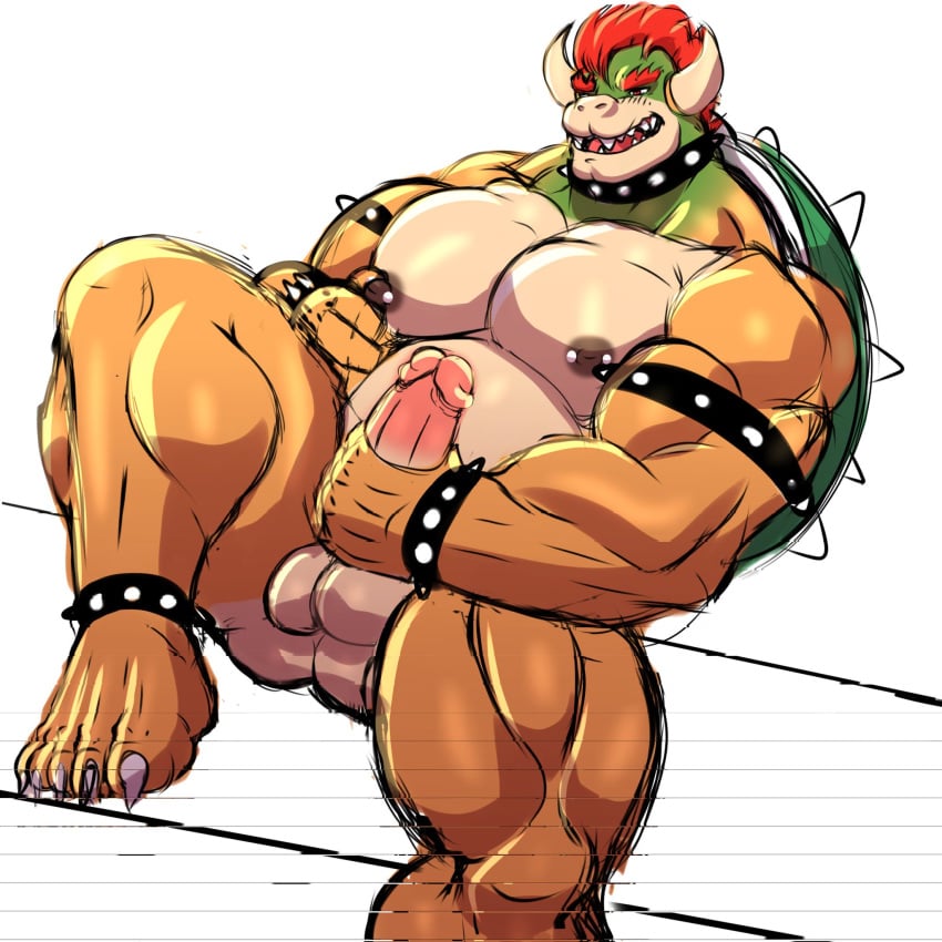 1boy anthro balls ballsack bowser collar dilf el_shovel erection furry furry_only genitals horns jacking_off koopa male male_nipples male_only mario_(series) masturbating muscular muscular_anthro muscular_male nintendo nipple_piercing nipples penis red_hair reptile scalie shell solo solo_male spiked_collar spiked_shell