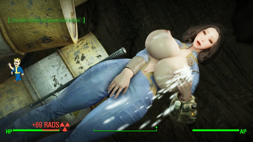 3d bethesda_softworks bodysuit breasts_expansion breasts_out_of_clothes emotrashcan exposed_breasts fallout game_mechanics mutation screenshot_edit vault_dweller vault_suit