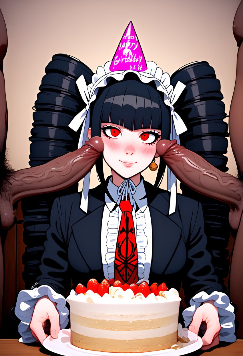 1girls 2boys ai_generated big_penis birthday birthday_cake birthday_gift birthday_hat black_hair celestia_ludenberg clothed_female_nude_male danganronpa danganronpa:_trigger_happy_havoc dark-skinned_male hairbow interracial light-skinned_female veiny_penis