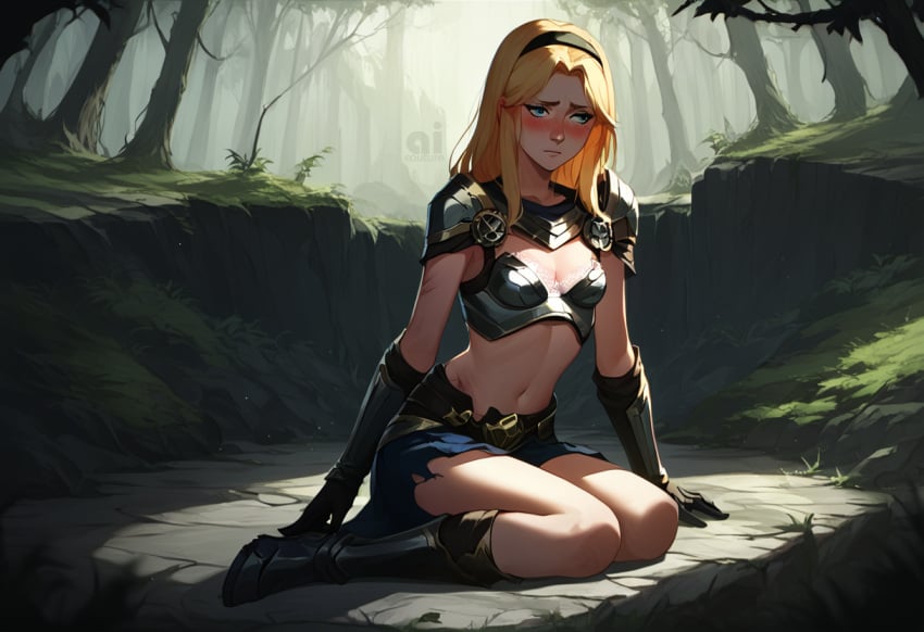 ai_assisted ai_couture ai_generated battle_damage blonde_hair blue_eyes blush embarrassed league_of_legends luxanna_crownguard riot_games small_breasts torn_clothes torn_clothing