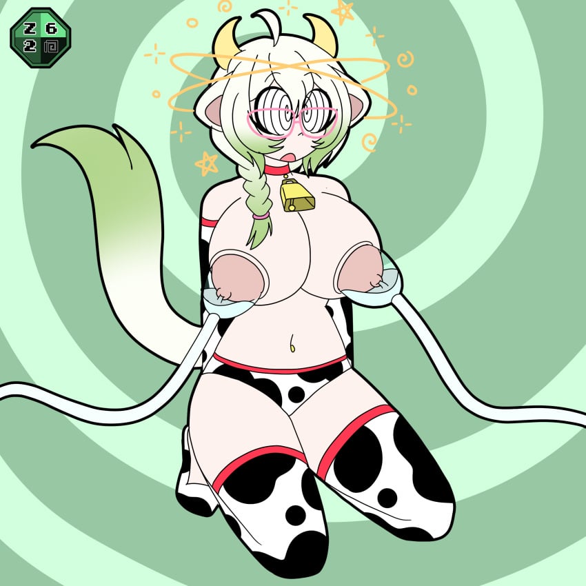 animal_ears animal_print bell bell_collar blush braid breasts collar cow_bell cow_ears cow_girl cow_print cow_tail female green_hair horns huge_breasts kneeling laimu long_hair multicolored_hair nipple_piercing piercing solo tail thighhighs topless twitch vinesauce virtual_youtuber vtuber z_62