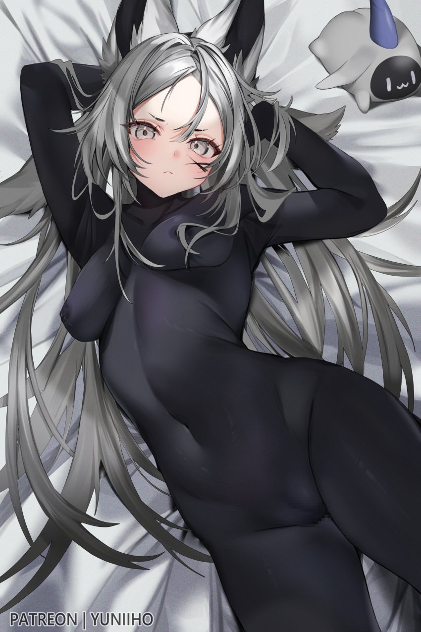 :< animal_ear_fluff animal_ears arms_up artist_name bangs bed_sheet black_bodysuit black_hair blush bodysuit breasts cameltoe cat_ears closed_mouth covered_navel covered_nipples dya_rikku_(vtuber) female frown gloves grey_eyes grey_hair long_hair looking_at_viewer lying medium_breasts navel on_back parted_bangs pout silver_hair skin_tight solo thighs vyugen wolf_ears