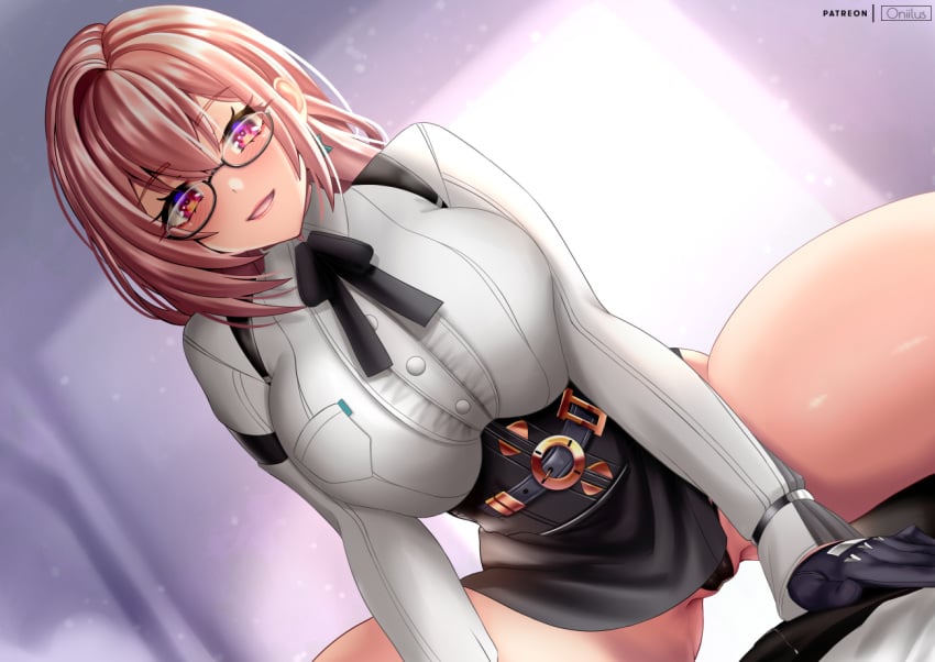 1other black_gloves black_panties black_skirt blue_eyes blush breasts cowboy_shot dress_shirt female glasses gloves hair_between_eyes indoors large_breasts looking_at_viewer oniilus open_mouth panties pencil_skirt pink_eyes pink_hair shirt sidelocks sitting skirt smile thighs tsukishiro_yanagi underwear white_shirt zenless_zone_zero