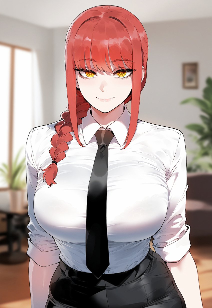 ai_generated black_pants braid breasts chainsaw_man curvy huge_breasts large_breasts lingerie long_hair makima_(chainsaw_man) massive_breasts narrow_waist necktie red_hair thick_thighs white_shirt wide_hips yellow_eyes