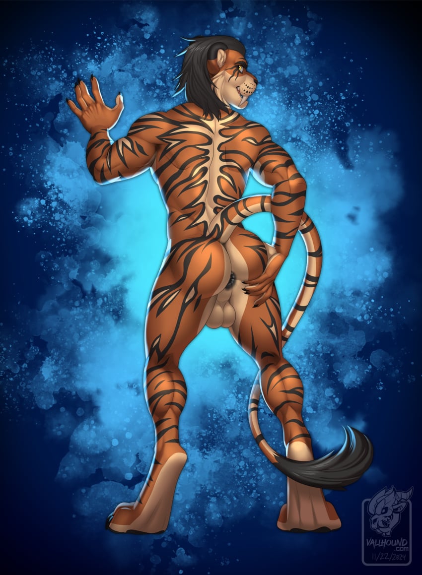 anthro anus ass athletic black_anus black_hair butt_focus butt_grab digitigrade fangs felid feline fur hair hand_on_butt hi_res hybrid jakkar looking_at_viewer looking_back male mammal muscle_tone nude pantherine prehistoric_species saber-toothed_tiger seductive solo spread_butt spreading striped_body striped_fur stripes teeth tiger vallhound