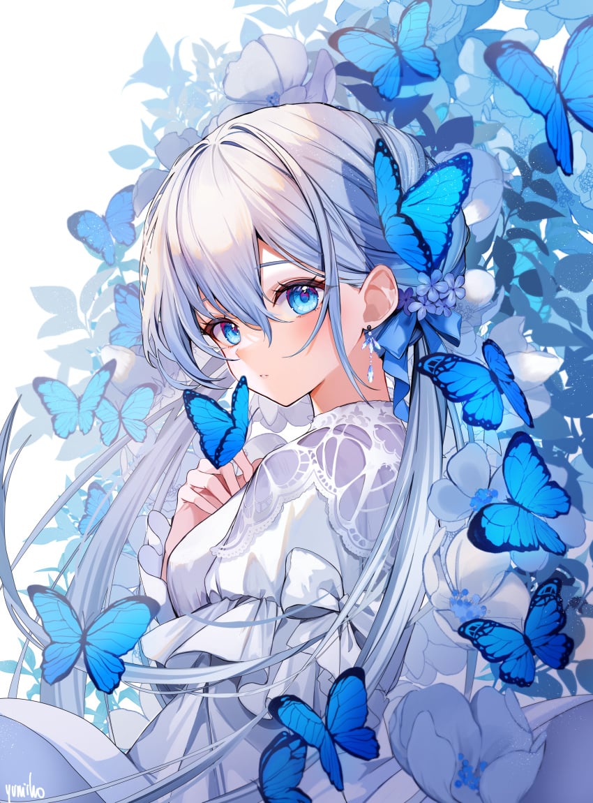 animal animal_print antennae bangs birdcage blue_butterfly blue_eyes blue_flower breasts bug butterfly butterfly_hair_ornament butterfly_net butterfly_print butterfly_wings clover dragonfly dress earrings eyebrows_visible_through_hair female flower flower_(symbol) hair_between_eyes hair_ornament hand_net hand_up insects jewelry kashiwazaki_sena kochou_shinobu long_hair long_sleeves looking_at_viewer moustache outside_border saigyouji_yuyuko silver_hair snowflakes solo spider squiggle stud_earrings tagme_(character) tattoo twitter_username uruha_rushia very_long_hair wisteria