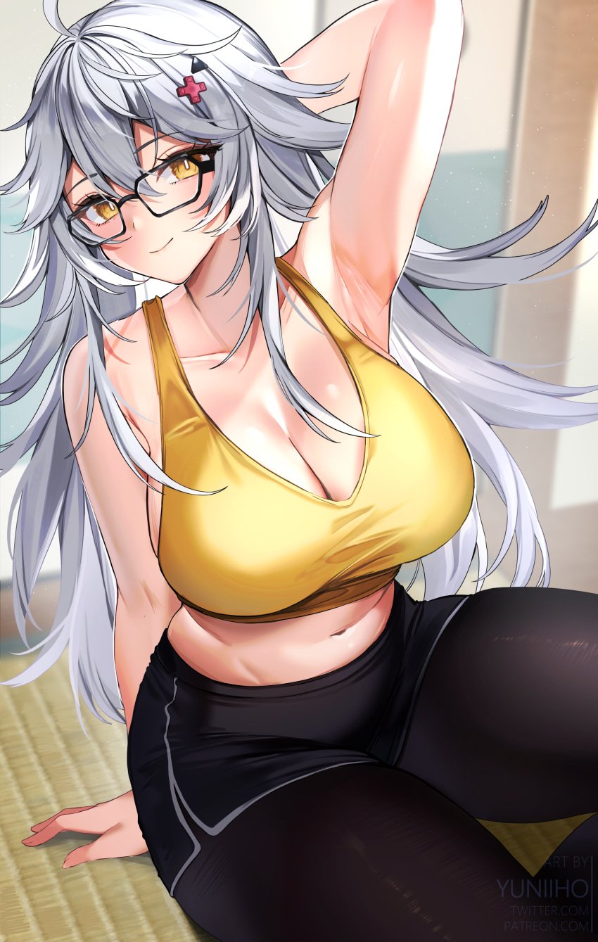 ahoge arm_behind_head arm_up armpits bangs bare_shoulders bespectacled black-framed_eyewear black_legwear black_shorts blurry blush breasts cleavage closed_mouth collarbone eyebrows_visible_through_hair female glasses hair_between_eyes hair_ornament hairclip indoors large_breasts long_hair looking_at_viewer messy_hair midriff navel pantyhose short_shorts shorts silver_hair sitting smile solo sports_bra very_long_hair yellow_eyes zentreya