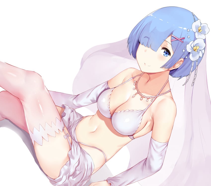 armpit_crease arms_at_sides bare_belly bare_shoulders belly_button bikini blue_eyes blue_hair blush breasts bridal_veil bride cleavage closed_mouth collarbone detached_sleeves flower_in_hair garter_belt garter_straps hair_over_one_eye hews_hack lingerie medium_breasts necklace re:zero_kara_hajimeru_isekai_seikatsu rem_(re:zero) short_hair sideboob sitting skirt smile string_bikini thighhighs thighs wedding_lingerie white_bikini white_thighhighs zettai_ryouiki