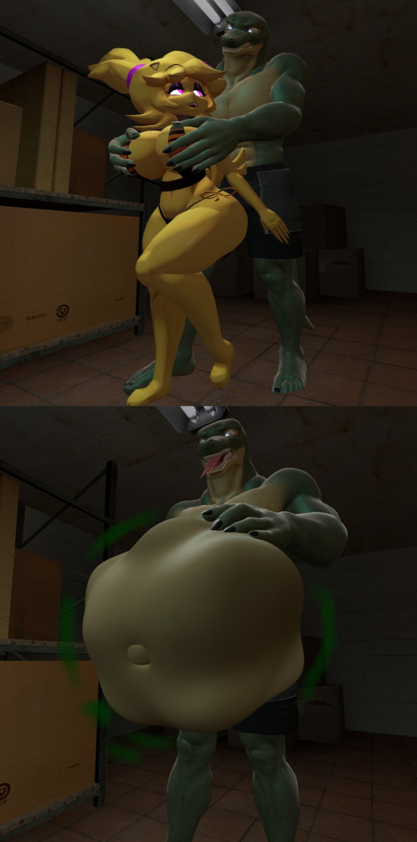 1boy1girl 3d 3d_(artwork) 3d_model bikini chicken chicken_girl chiku deviantart digestion lizard lizard_humanoid lizardman muscles reptile tasty toy_chica_(fnaf) vore vore_belly