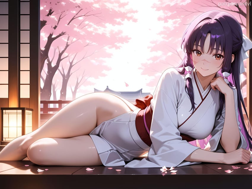 1girls ai_generated anilvl architecture bangs bare_legs black_hair blush bow breasts brown_eyes cherry_blossoms closed_mouth east_asian_architecture feet_out_of_frame glasses groin hair_ribbon hair_tubes hairbow japanese_clothes jujutsu_kaisen kimono lantern large_breasts legs long_hair long_sleeves looking_at_viewer lying medium_breasts multicolored_hair no_panties obi on_side parted_bangs pelvic_curtain petals pink_hair purple_hair red_eyes ribbon sash scar scar_on_face sidelocks smile solo thighs tree utahime_iori white_bow white_kimono white_ribbon wide_sleeves wooden_floor