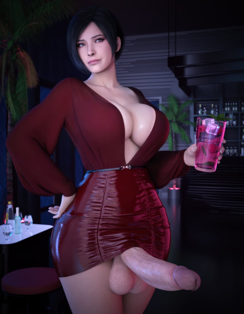 3d 3d_(artwork) ada_wong asian big_breasts big_penis female_only futanari hi_res huge_breasts huge_cock huge_thighs massive_penis perfect_body red_dress resident_evil resident_evil_2 stevencarson thighhighs