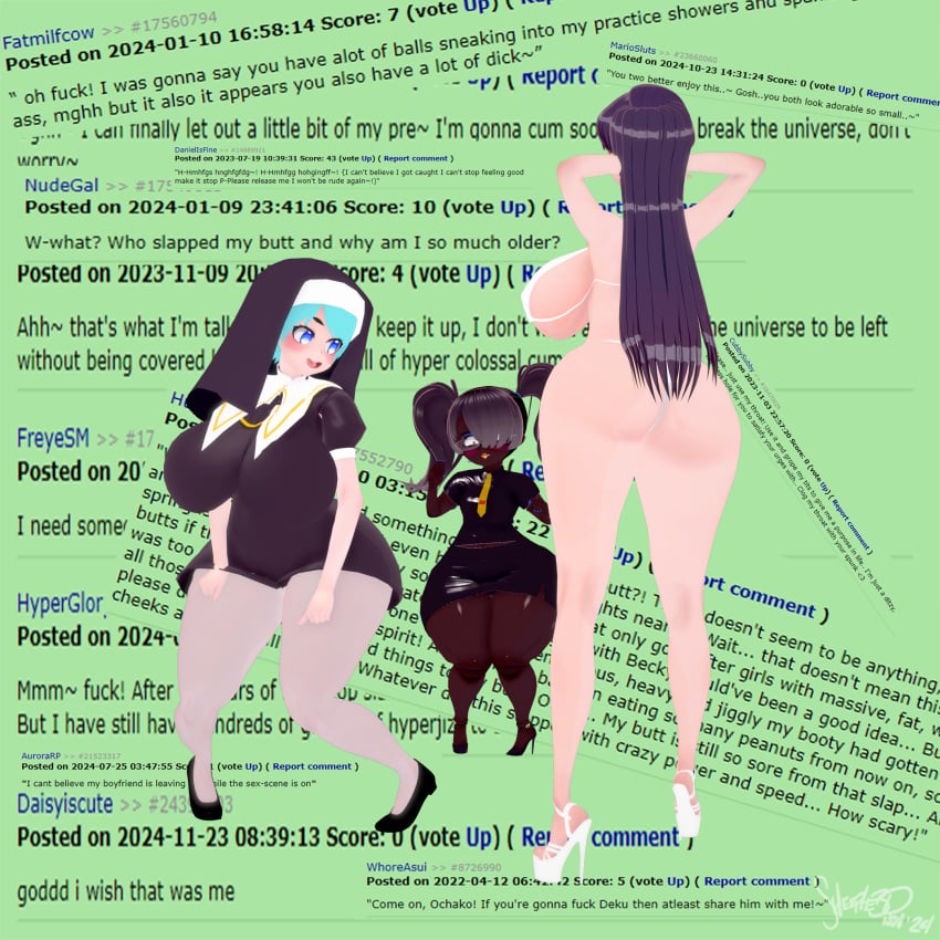 1boy 2girls artist_signature big_ass big_breasts bikini bikini_bottom bikini_top black_dress black_hair black_shirt black_skirt blue_eyes blue_hair comments female girly girly_boy high_heels komi_shouko luce_(vatican) meme meta nun nun_hat nun_outfit pantyhose rule_34_comment scared scared_expression scared_face smile thick_thighs tight_dress tight_skirt tights turned_around twerking twintails twintails yellow_tie