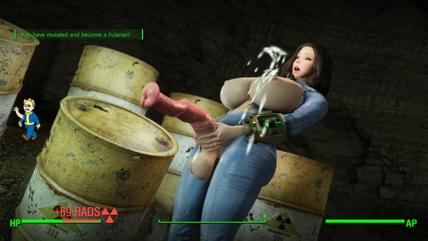 3d bethesda_softworks bodysuit breasts_out_of_clothes emotrashcan exposed_breasts fallout futanari game_mechanics mutation screenshot_edit vault_dweller vault_suit