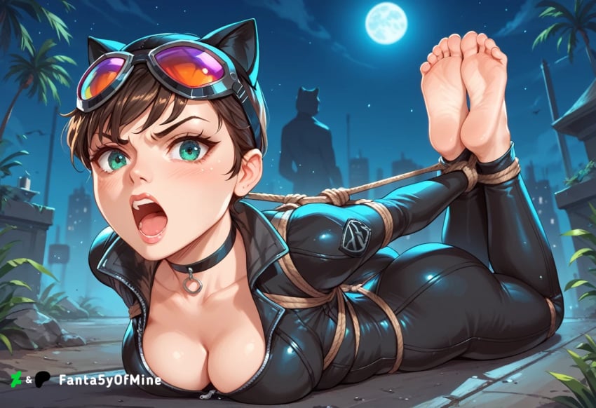 ai_generated angry batman_(series) blush bondage brown_hair catwoman goggles_on_head green_eyes hogtied looking_at_viewer open_mouth selina_kyle